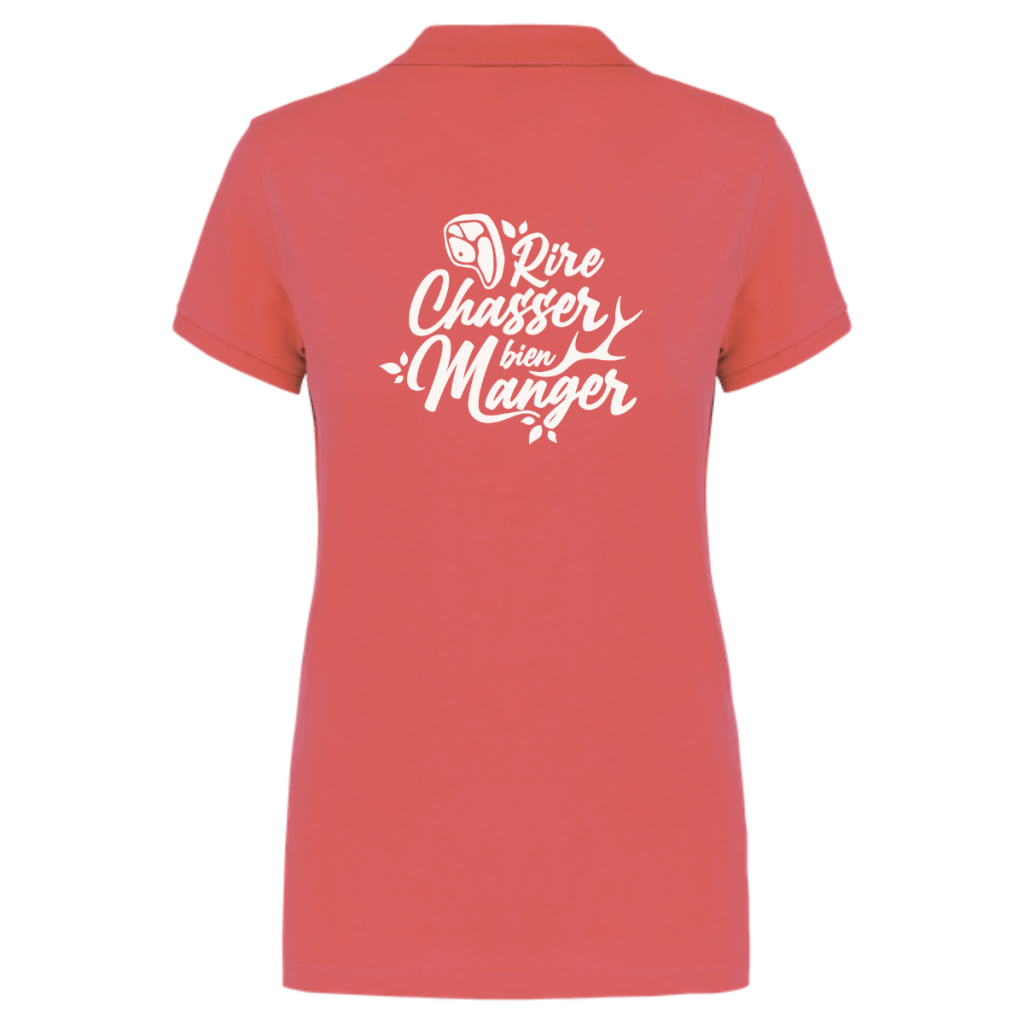 polo-rire-chasser-bien-manger-femme-dos-corail