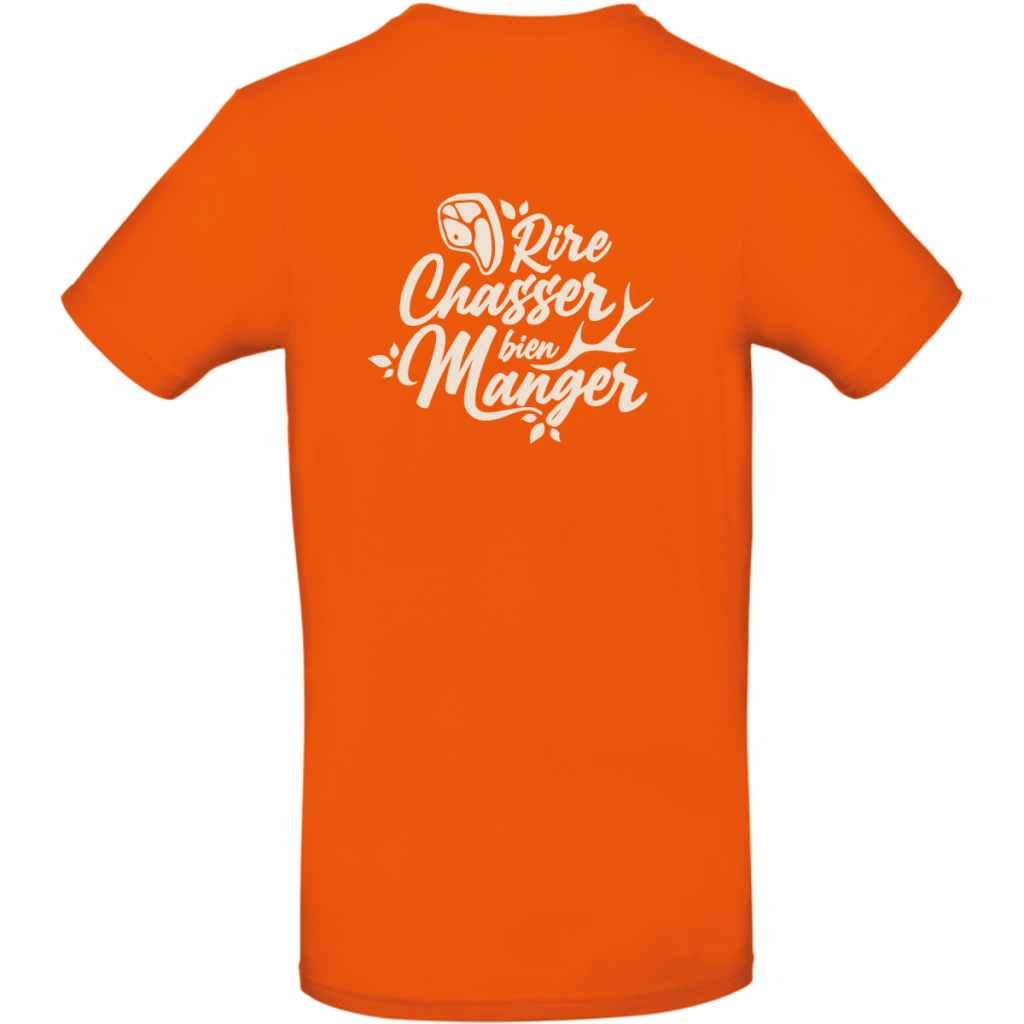 t-shirt-rire-chasser-bien-manger-homme-dos-orange